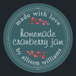 Christmas Homemade Cranberry Jam Canning Teal Classic Round Sticker<br><div class="desc">Rustic and modern homemade Christmas jam canning cranberry jam jar sticker with the text made with love, homemade cranberry jam and your name in modern script on a deep teal background with a stylish touch of cranberries. Simply add your name and the product name to the label. Exclusively designed for...</div>