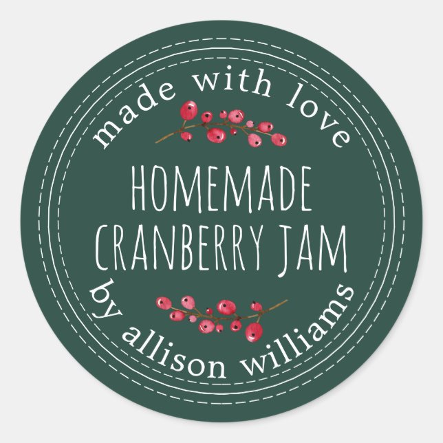 Christmas Homemade Cranberry Jam Dark Green Classic Round Sticker (Front)
