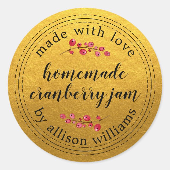 Christmas Homemade Cranberry Jam Gold Classic Round Sticker (Front)