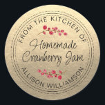 Christmas Homemade Cranberry Jam Gold Classic Round Sticker<br><div class="desc">Rustic, chic and modern homemade Christmas jam canning cranberry jam jar sticker with the text from the kitchen of, homemade cranberry jam and your name in black chic script calligraphy and modern typography on a champagne gold background with a stylish touch of cranberries. Simply add your name and the product...</div>