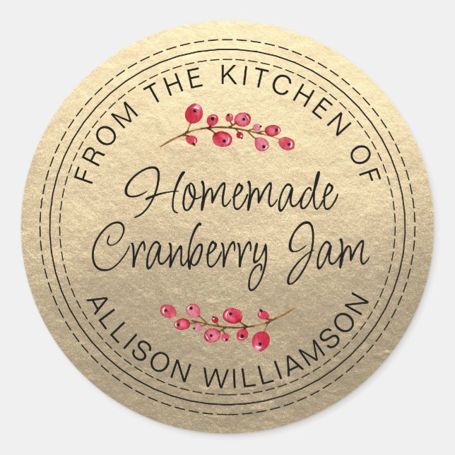 Christmas Homemade Cranberry Jam Gold Classic Round Sticker (Front)