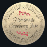 Christmas Homemade Cranberry Jam Gold Classic Round Sticker<br><div class="desc">Rustic, chic and modern homemade Christmas jam canning cranberry jam jar sticker with the text from the kitchen of, homemade cranberry jam and your name in black chic script calligraphy and modern typography on a champagne gold background with a stylish touch of cranberries. Simply add your name and the product...</div>