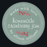 Christmas Homemade Cranberry Jam Green Classic Round Sticker<br><div class="desc">Rustic and modern homemade Christmas jam canning cranberry jam jar sticker with the text made with love, homemade cranberry jam and your name in white modern script on a dusty green background with a stylish touch of cranberries. Simply add your name and the product name to the label. Exclusively designed...</div>