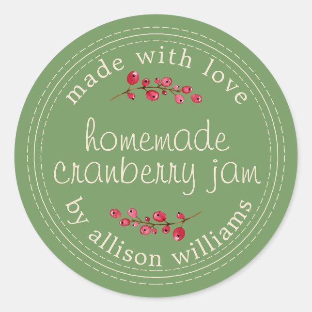 Christmas Homemade Cranberry Jam Green Classic Round Sticker (Front)