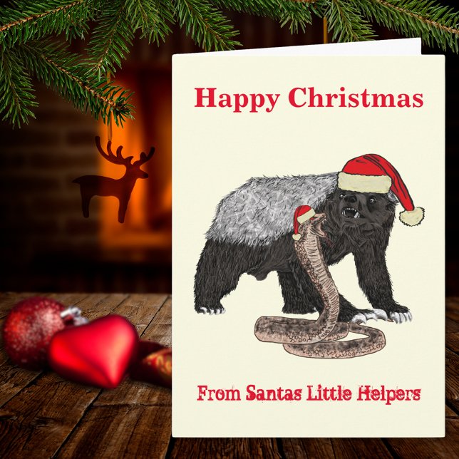 Christmas Honey Badger vs Snake Funny Santa Irony  Card (Funny christmas honey badger and snake wearing Santa hats holiday folded greetings cards)