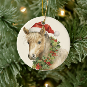 Christmas horse add text watercolor Ceramic Ornament