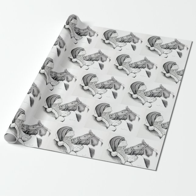 Christmas Horse and Santa Claus Wrapping Paper (Unrolled)