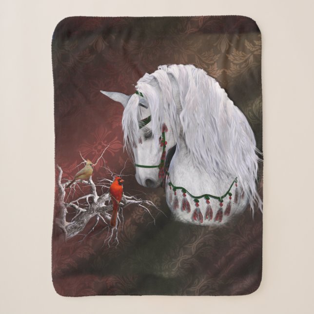 Christmas Horse & Cardinals Sherpa Blanket (Front)