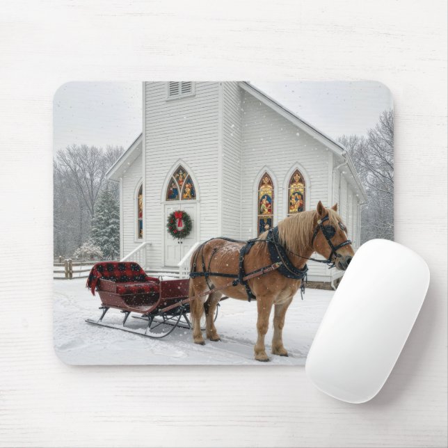 Christmas Horse-Drawn Sleigh Waiting By a Chapel Mouse Pad (With Mouse)