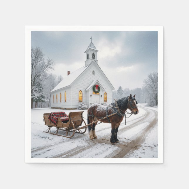 Christmas Horse-Drawn Sleigh Waiting By a Chapel Napkin (Front)