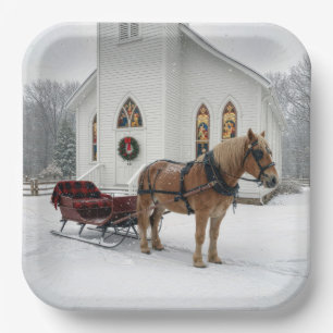 Christmas Horse-Drawn Sleigh Waiting By a Chapel Paper Plate