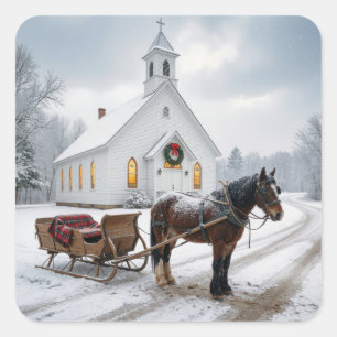 Christmas Horse-Drawn Sleigh Waiting By a Chapel Square Sticker