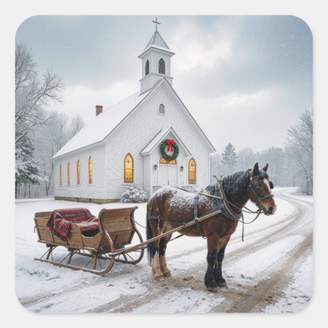 Christmas Horse-Drawn Sleigh Waiting By a Chapel Square Sticker (Front)