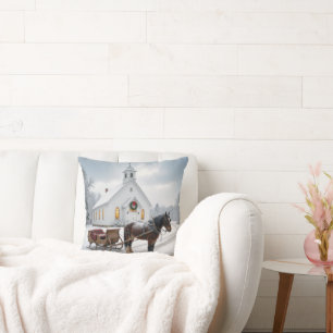 Christmas Horse-Drawn Sleigh Waiting By a Chapel Throw Pillow