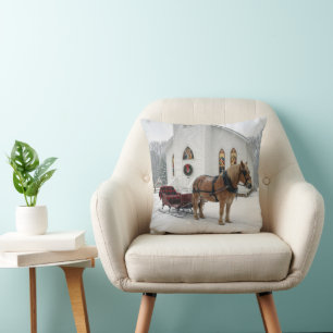 Christmas Horse-Drawn Sleigh Waiting By a Chapel Throw Pillow