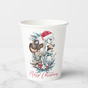 Christmas horse in Santa hat cowgirl cowboy boots Paper Cups