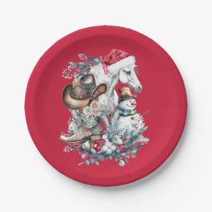 Christmas horse in Santa hat cowgirl cowboy boots  Paper Plate