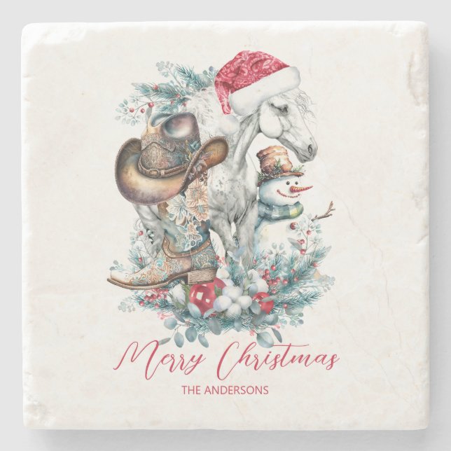 Christmas horse in Santa hat cowgirl cowboy boots  Stone Coaster (Front)