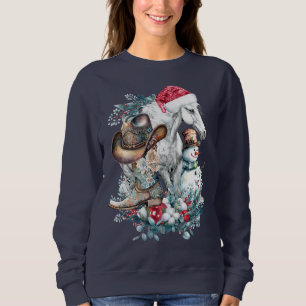 Christmas horse in Santa hat cowgirl cowboy boots Sweatshirt