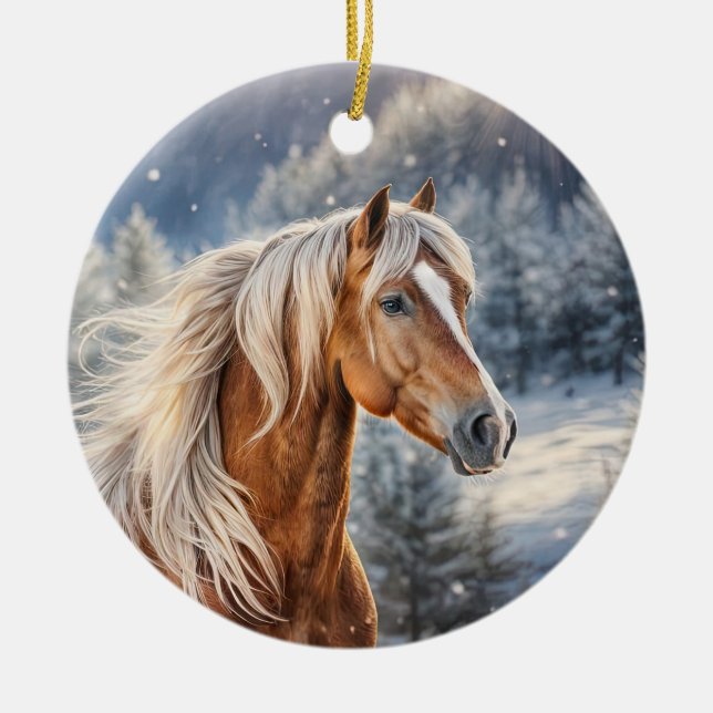 Christmas Horse in Snow Long Mane Ceramic Ornament (Front)