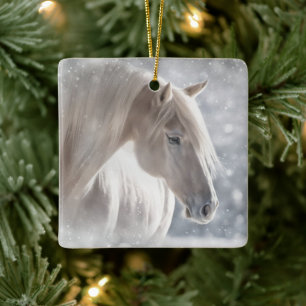 Christmas Horse in Snow Long White Mane Ceramic Ornament
