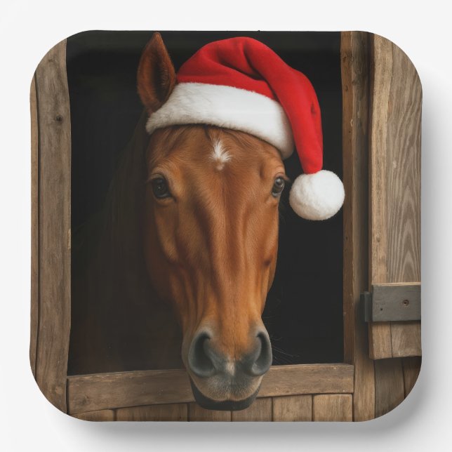 Christmas Horse In Stable Window Paper Plate (Front)