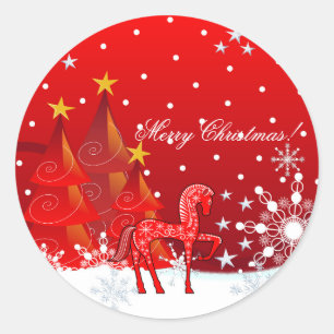 Christmas Horse, Snowflakes,Trees & custom text Classic Round Sticker