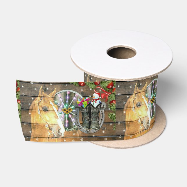 Christmas Horse Wagon Wheel Cowboy Boots Garland Satin Ribbon (Spool)