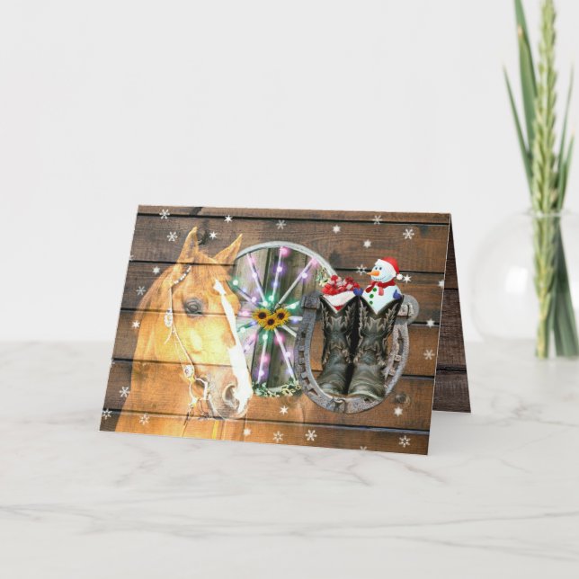 Christmas Horse Wagon Wheel Cowboy Boots Horseshoe Holiday Card (Front)