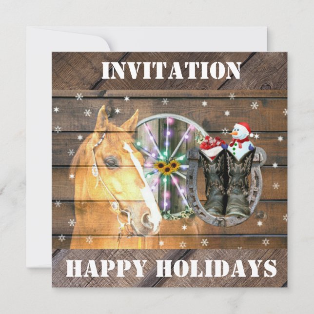 Christmas Horse Wagon Wheel Cowboy Boots Horseshoe Invitation (Front)