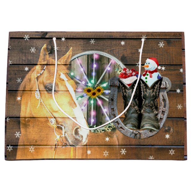 Christmas Horse Wagon Wheel Cowboy Boots Horseshoe Large Gift Bag (Front)
