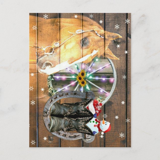 Christmas Horse Wagon Wheel Cowboy Boots Horseshoe Postcard (Front)