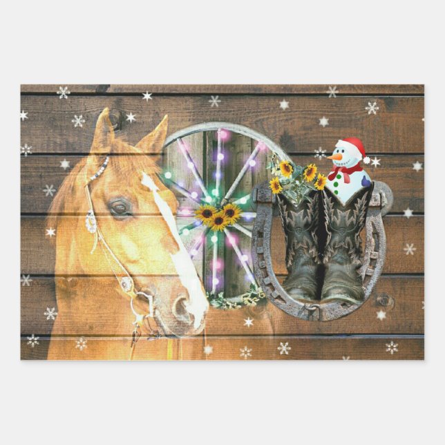 Christmas Horse Wagon Wheel Cowboy Boots Horseshoe Wrapping Paper Sheet (Front)