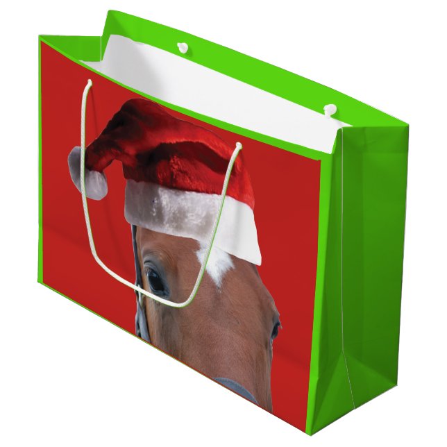 Christmas Horse wearing a Santa Claus Hat Large Gift Bag (Front Angled)