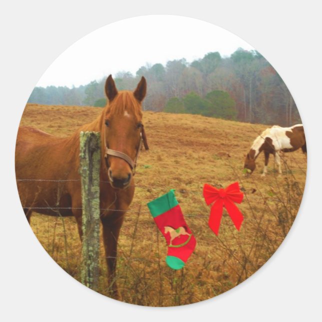 Christmas Horse with bow and stocking Classic Round Sticker (Front)