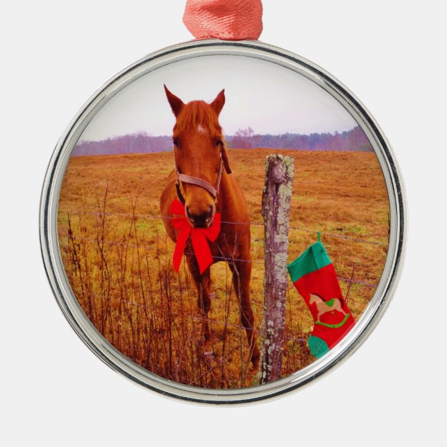 Christmas Horse with bow & stocking Metal Ornament (Front)