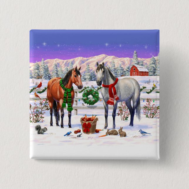 Christmas Horses in Snow 2 Inch Square Button (Front)