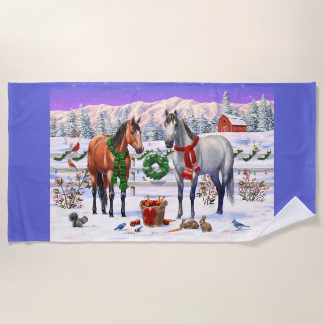 Christmas Horses in Snow Beach Towel (Front)