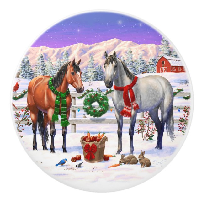 Christmas Horses in Snow Ceramic Knob (Front)