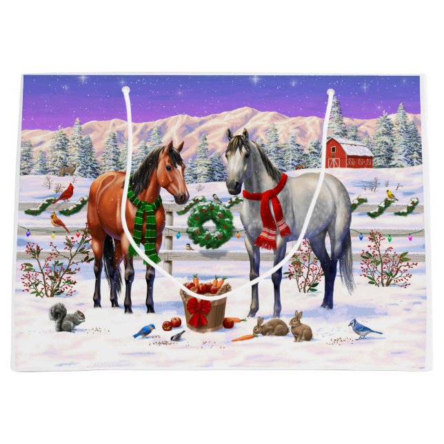 Christmas Horses in Snow Large Gift Bag (Front)