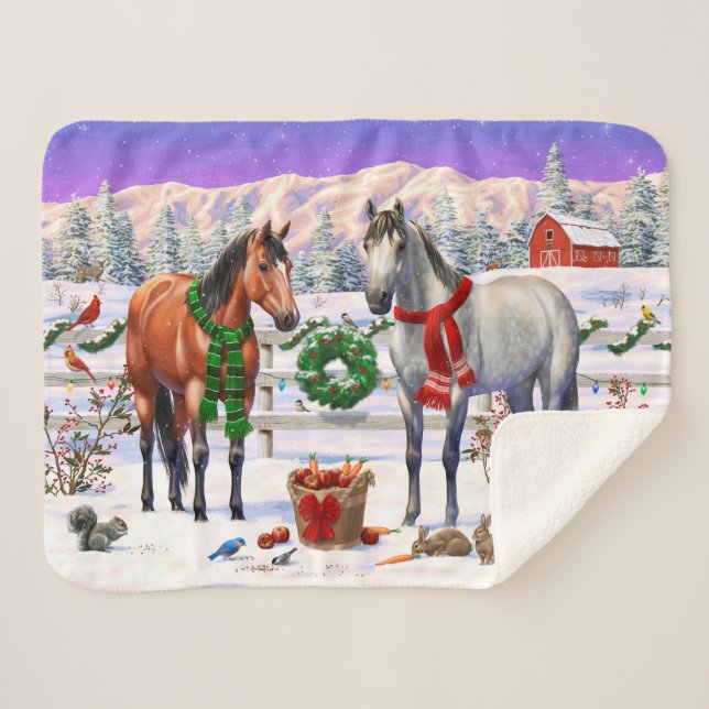 Christmas Horses in Snow Sherpa Blanket (Front (Horizontal))