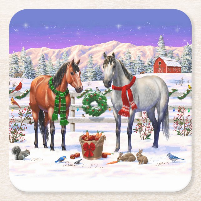 Christmas Horses in Snow Square Paper Coaster (Front)
