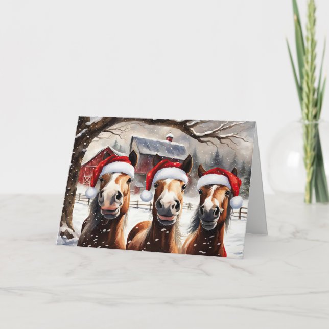 Christmas Horses in Snow with Cute Santa Hats Card (Front)