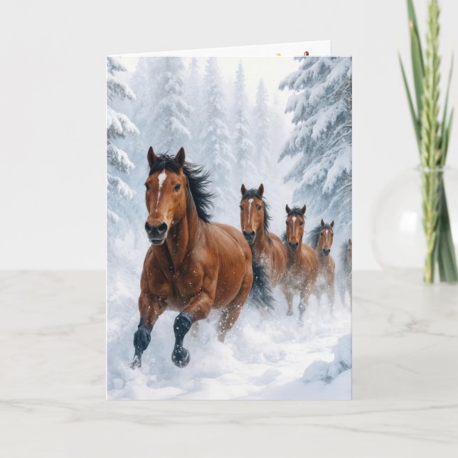 Christmas Horses Running Through a Snowy Forest Card (Front)