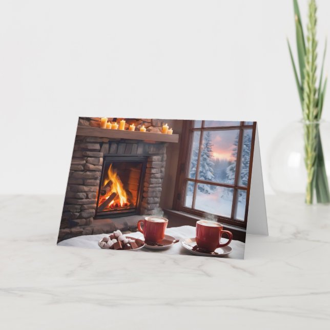 Christmas Hot Chocolate By Fireplace Holiday Card (Front)