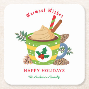 Christmas Hot Chocolate Cocoa Cup Green Xmas Square Paper Coaster