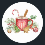 Christmas Hot Chocolate Mug and Ornaments  Classic Round Sticker<br><div class="desc">Merry Christmas!</div>