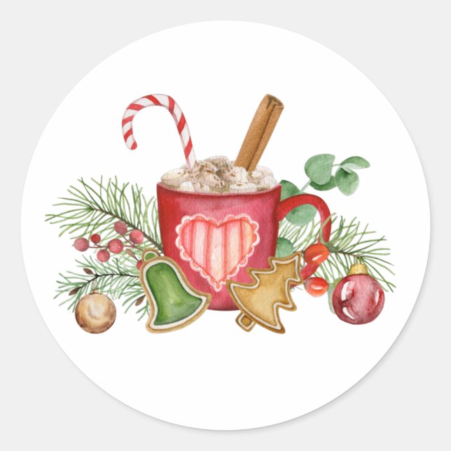 Christmas Hot Chocolate Mug and Ornaments  Classic Round Sticker (Front)
