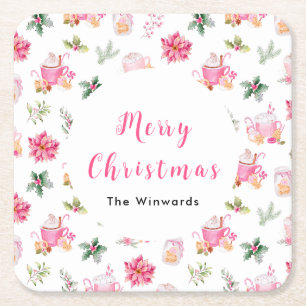 Christmas Hot Cocoa and Pink Poinsettias Square Paper Coaster