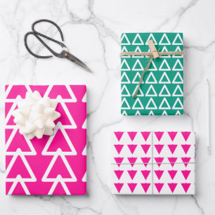 Christmas Hot Pink and Green Triangle Pattern Wrapping Paper Sheet